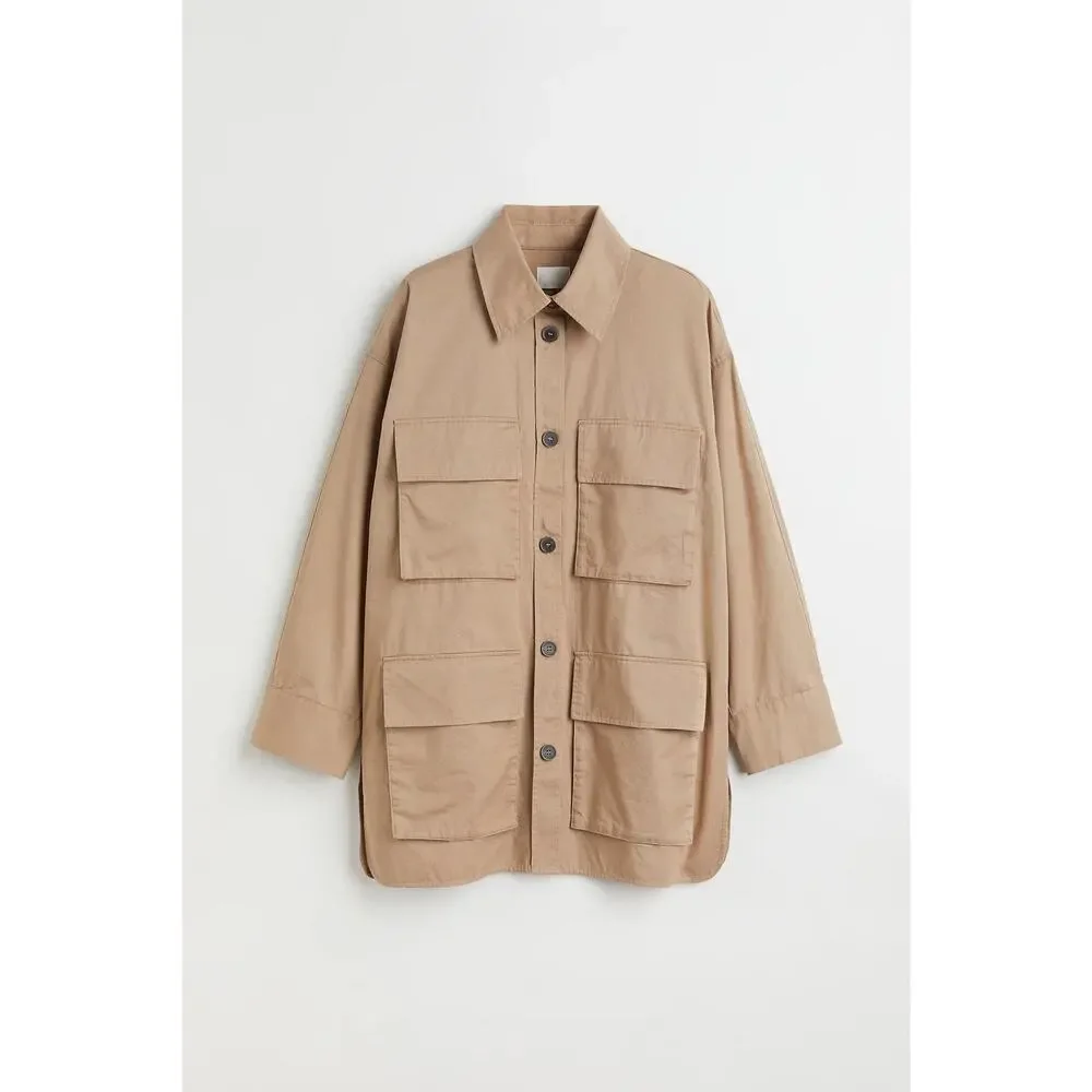 H&M | Women | Neutral Tan Cotton Twill Safari Utility Shirt Jacket | Size XL